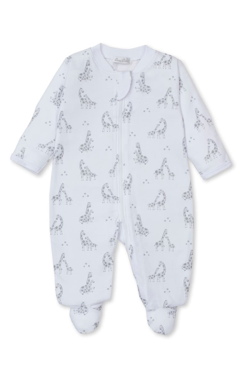 Kissy Kissy Giraffe Print Pima Cotton Zip Footie, Main, color, 