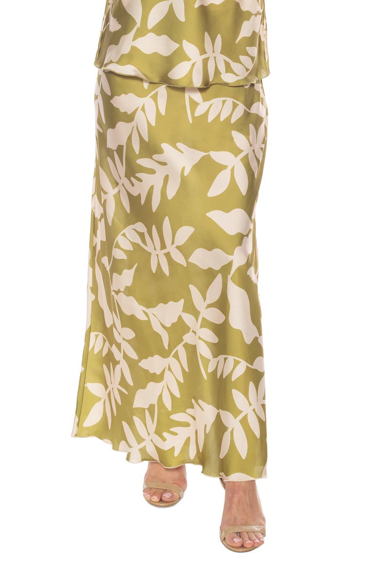 Frond Print Satin Maxi Skirt, Main, color, OLIVE/ CREAM