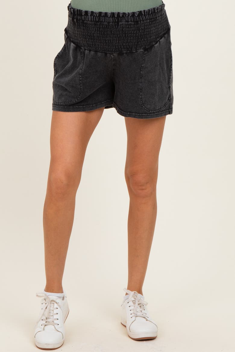 Smocked Waist Mineral Wash Shorts, Alternate, color, Black