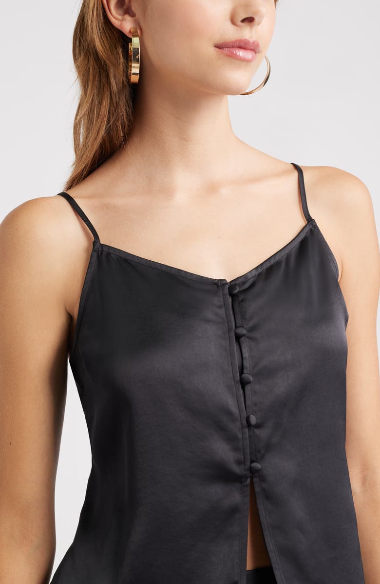 Open Edit Split Front Satin Button-Up Camisole, Alternate, color, Black
