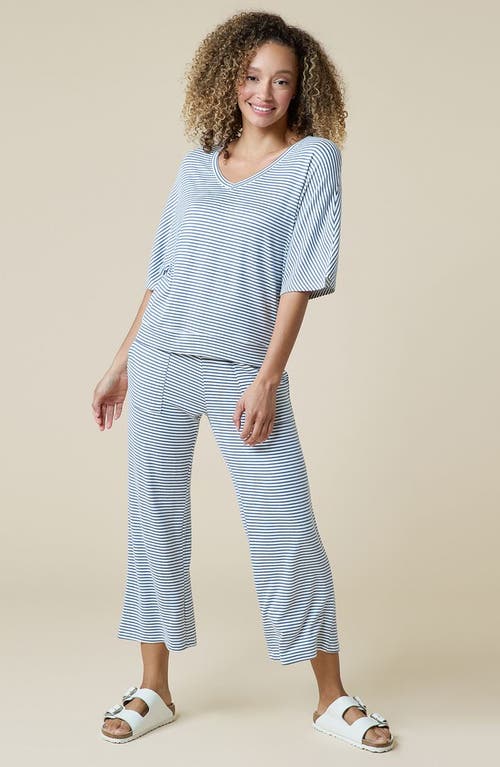 Softies Dream Jersey Relaxed V-neck With Capri Lounge Set In Indigo-white Stripe