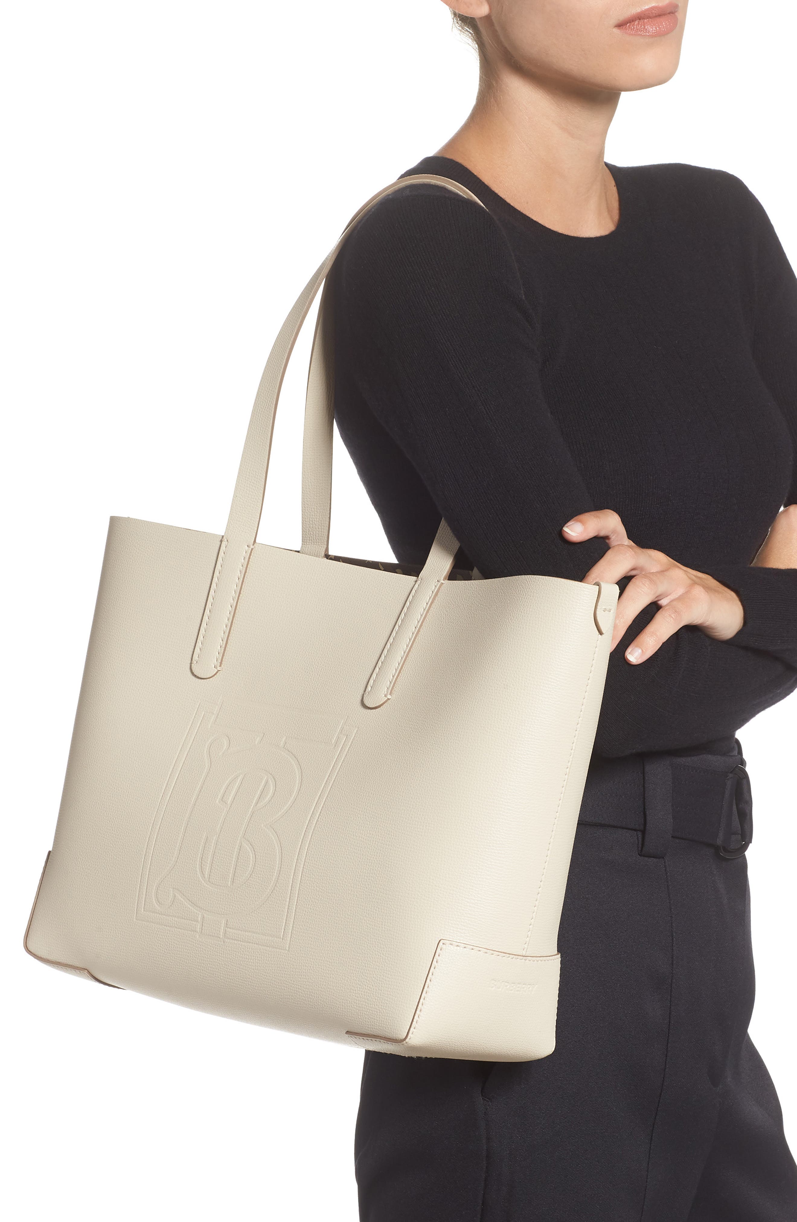 Embossed Monogram Leather Tote, Alternate, color, LIMESTONE