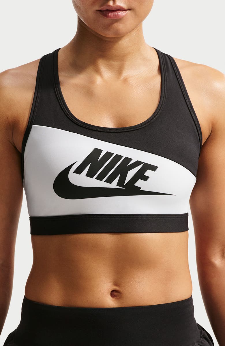 Nike Swoosh Dri-FIT Sports Bra, Main, color, White/ Black/ Black/ Black