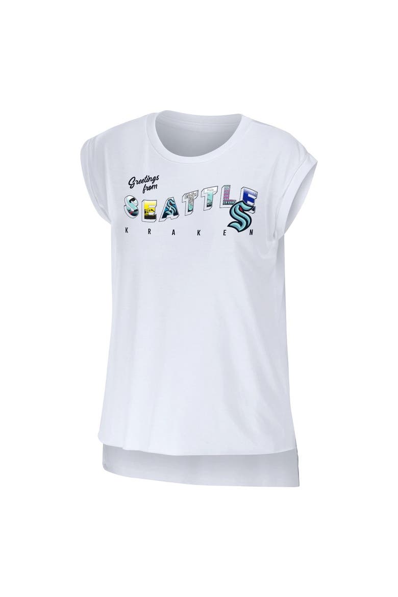 Women's WEAR by Erin Andrews White Seattle Kraken Greetings From Muscle T-Shirt, Alternate, color, White