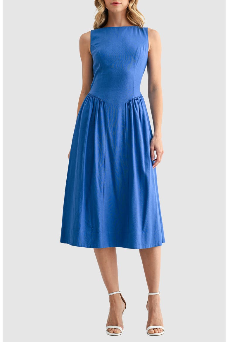 Sleeveless Back Bow Fit & Flare Midi Dress, Main, color, DARK DENIM