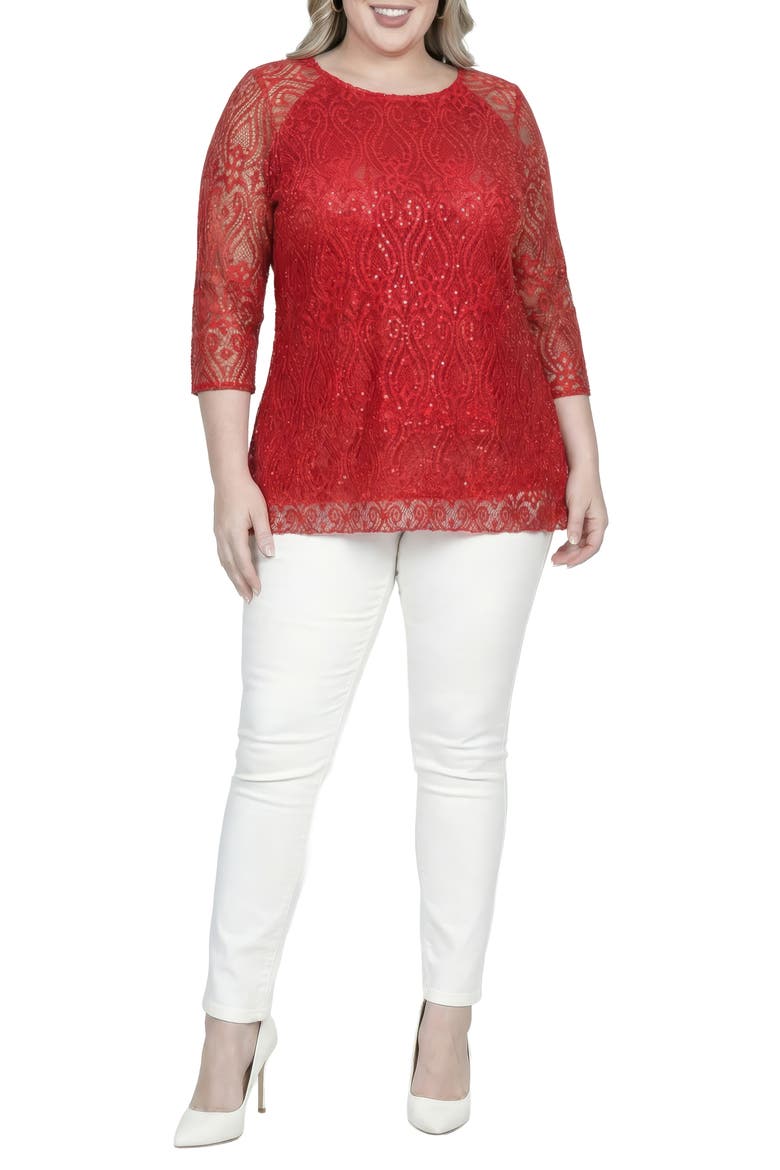 Sequin Lace Tunic Top, Alternate, color, RED