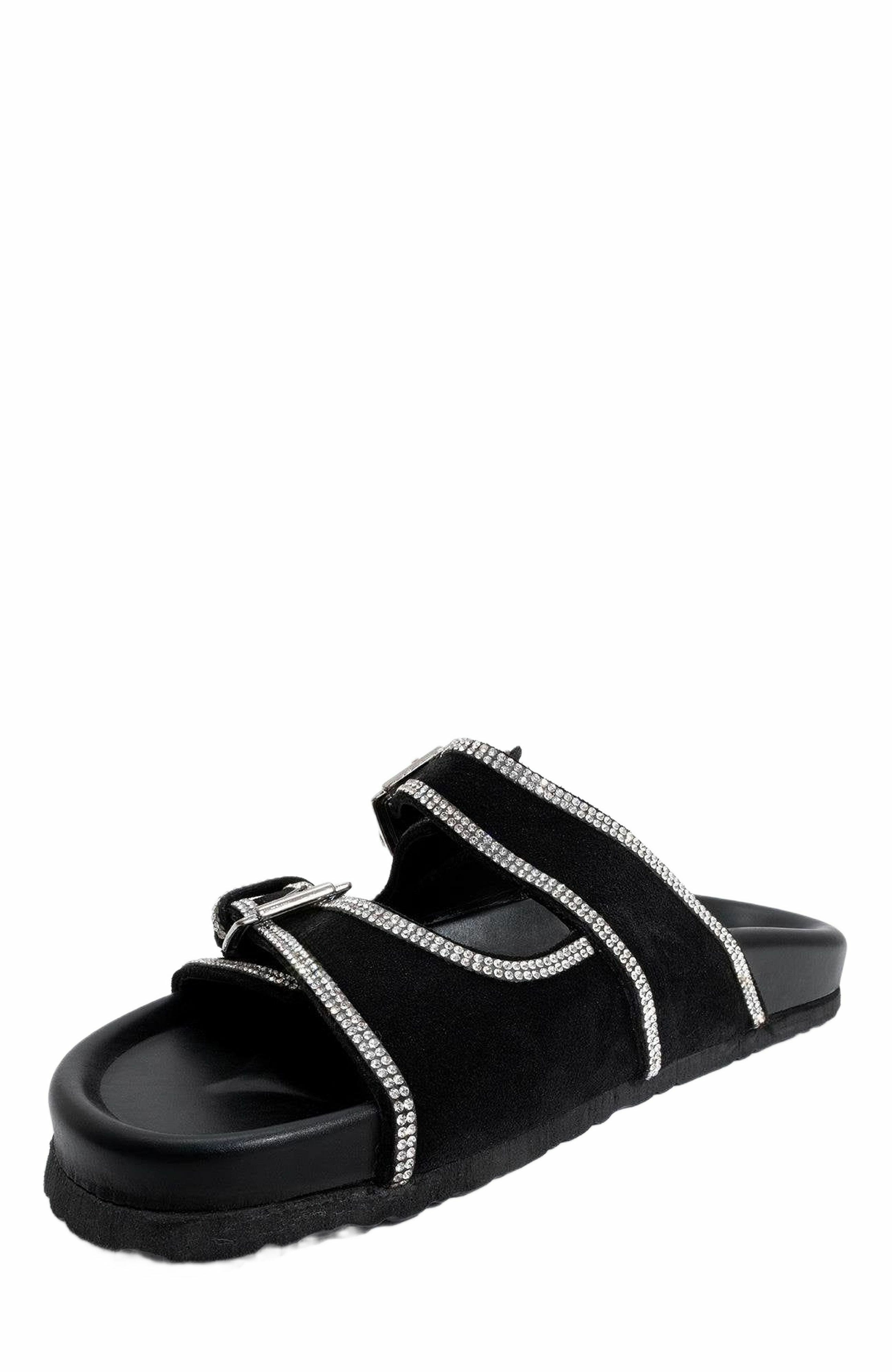 Forever 
Always Shoes Allen Rhinestone Leather Slide Sandal, Alternate, color, Black Leather