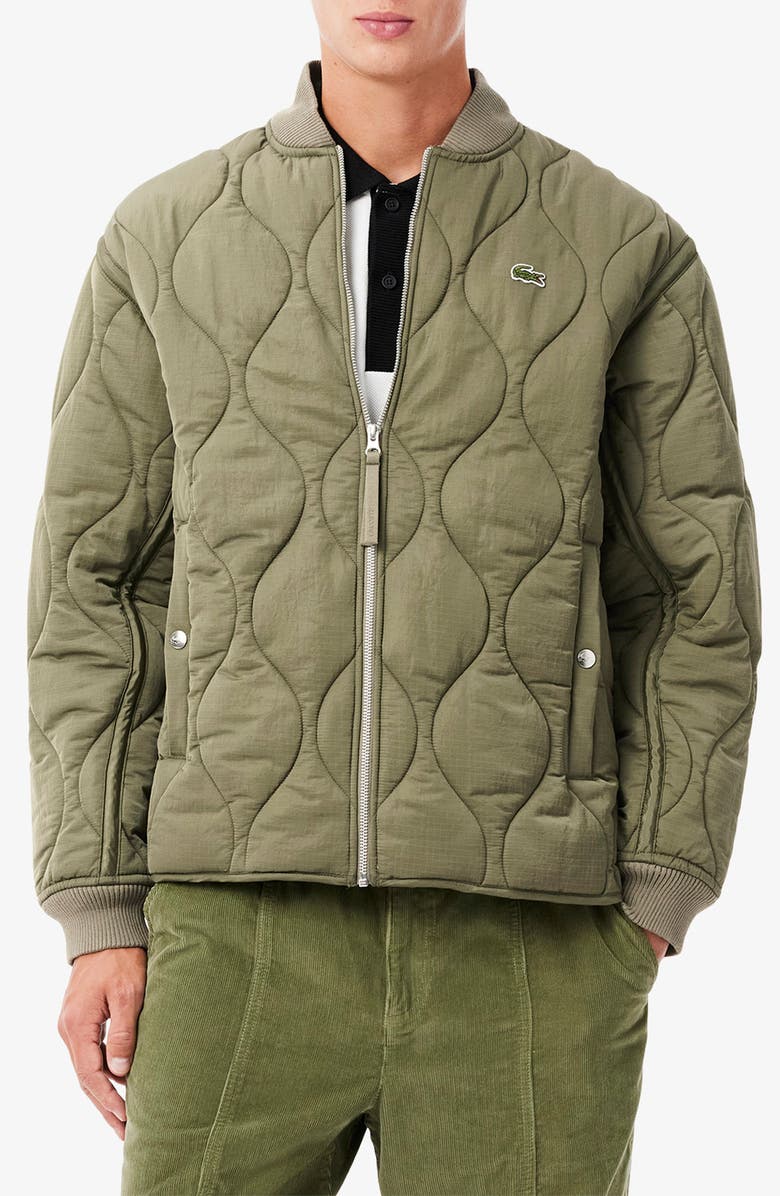 Lacoste Water Repellent Quilted Bomber Jacket, Main, color, Khaki