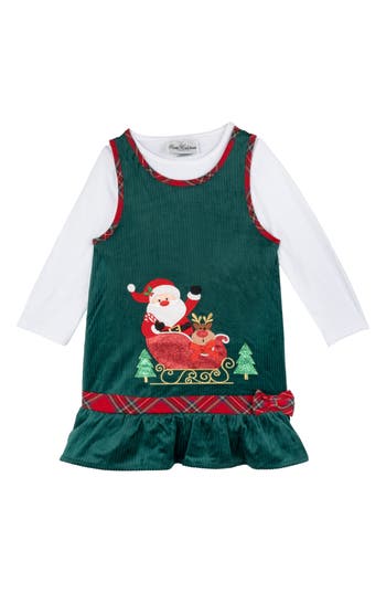 Rare Editions Kids' Corduroy Santa Dress & Long Sleeve T-shirt Set In Green