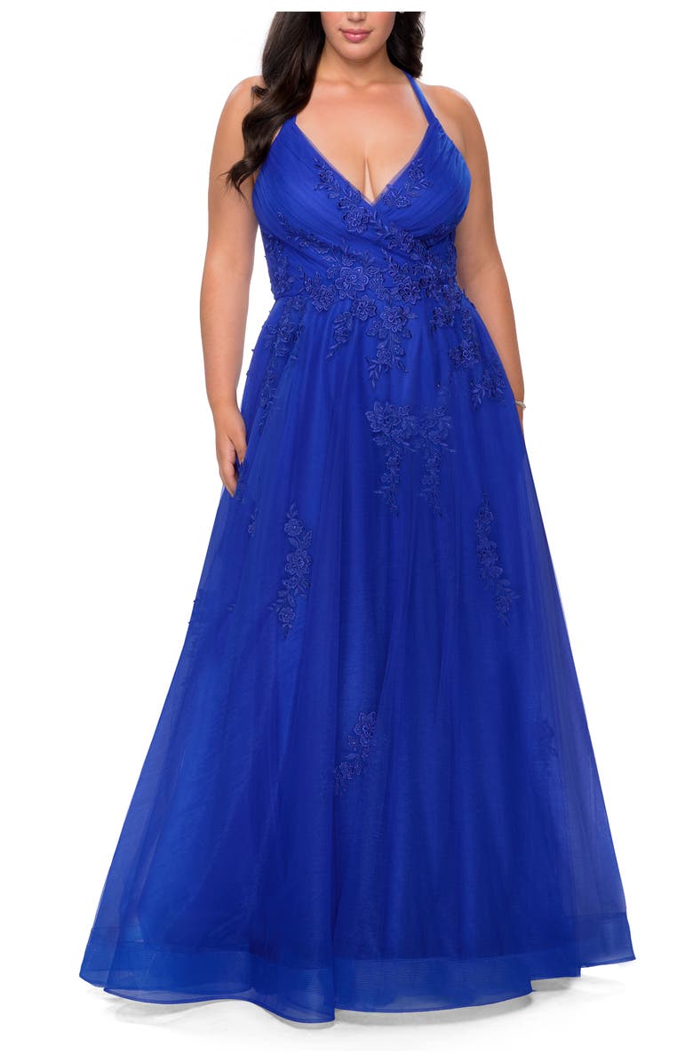 La Femme Plus Size A-line Tulle Dress with Floral Detailing, Alternate, color, Royal Blue