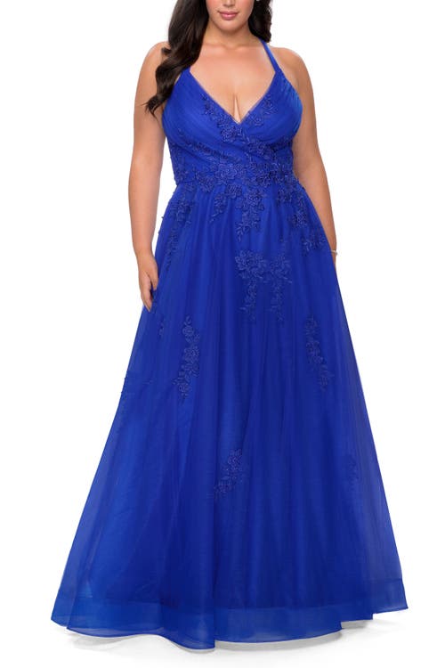 La Femme Plus Size A-line Tulle Dress With Floral Detailing In Royal Blue