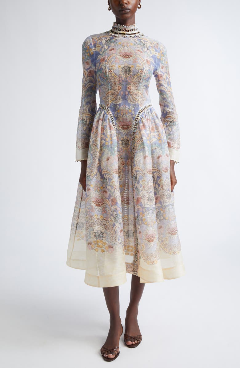 Zimmermann Rebellion Long Sleeve Beaded Linen & Silk Midi Dress, Main, color, Blue Floral
