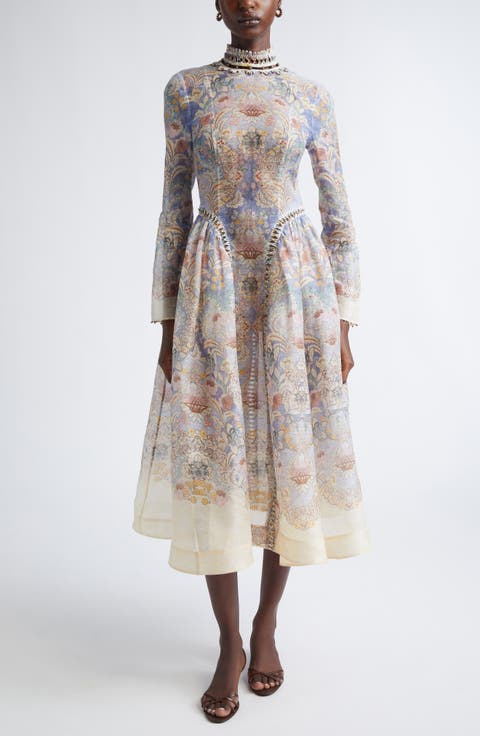 Rebellion Long Sleeve Beaded Linen & Silk Midi Dress (Regular & Petite)