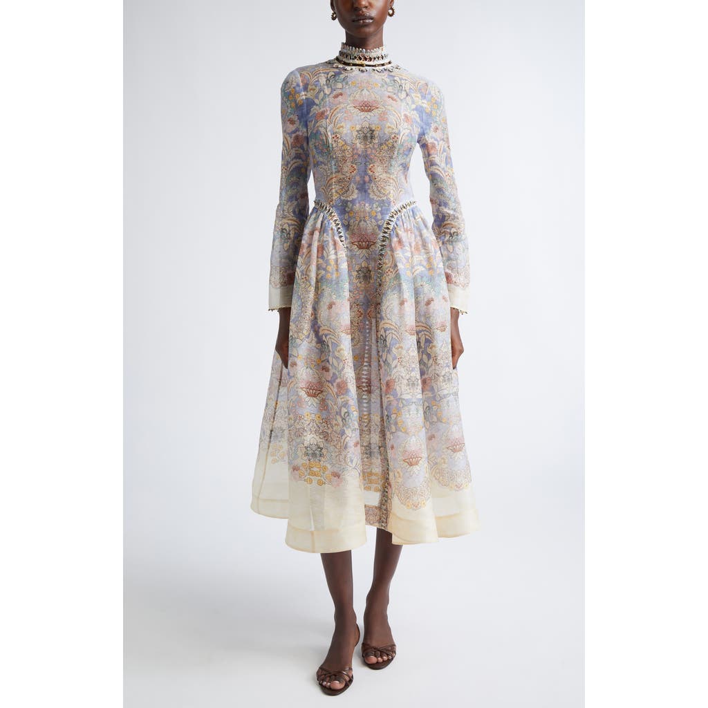 Zimmermann Rebellion Long Sleeve Beaded Linen & Silk Midi Dress In Neutral