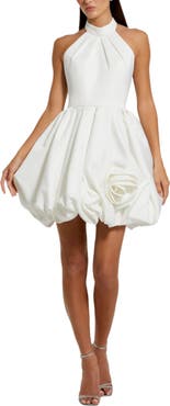 Mac Duggal Satin High Neck Sleeveless Bubble Hem Mini Dress