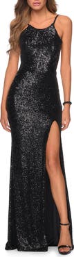 La Femme High Neck Sequin Gown with Open Back and Slit