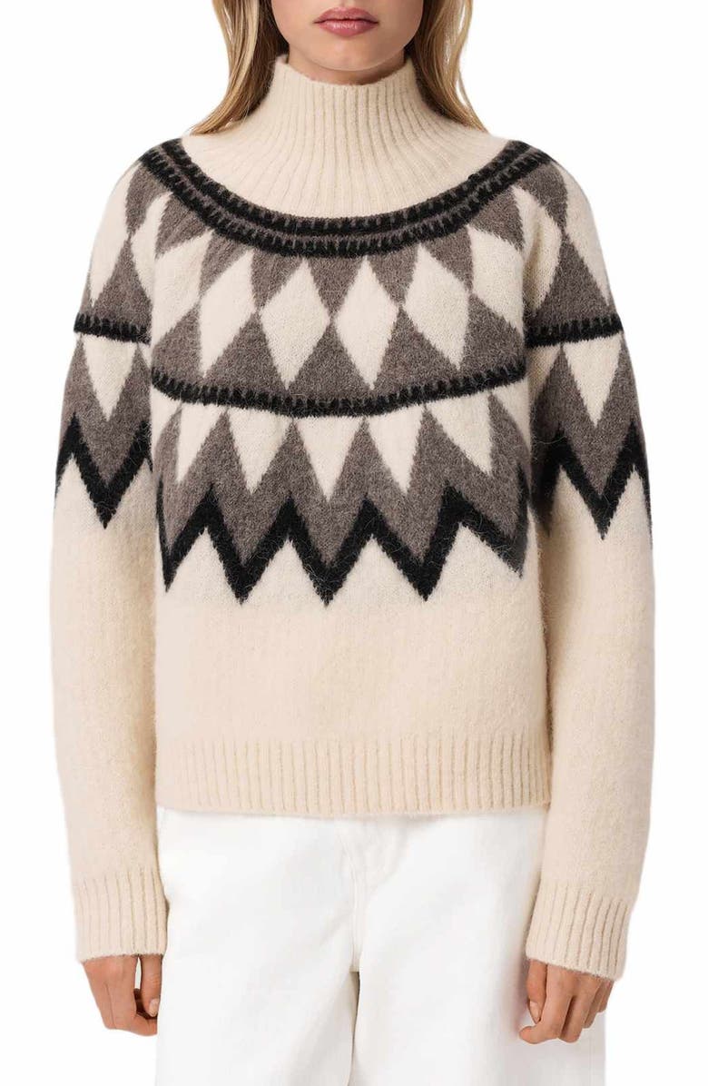 AllSaints Tara Fair Isle Alpaca & Wool Blend Turtleneck Sweater, Main, color, Chalk White/ Grey