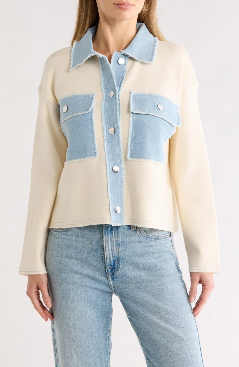 Nanette Lepore Denim Trim Button Front Cardigan, Main, color, Ecru/ Light Denim