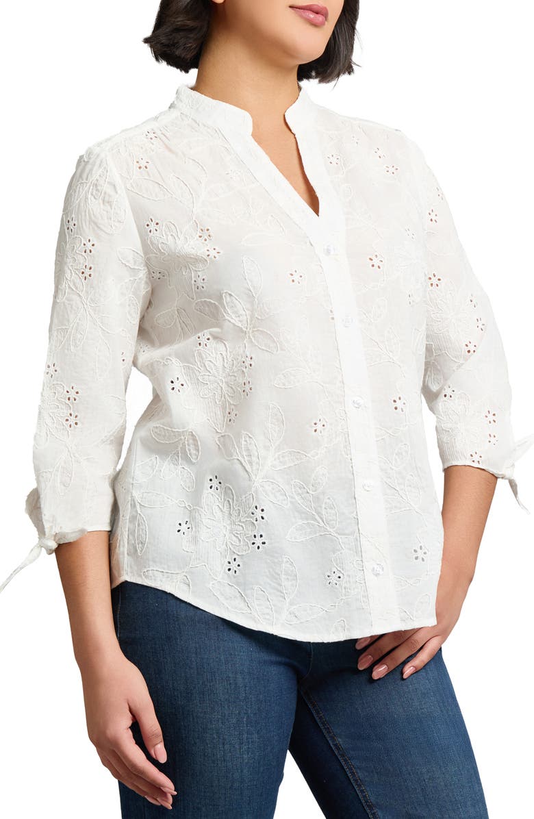 Jones New York Eyelet Embroidered Cotton Button-Up Top, Alternate, color, 