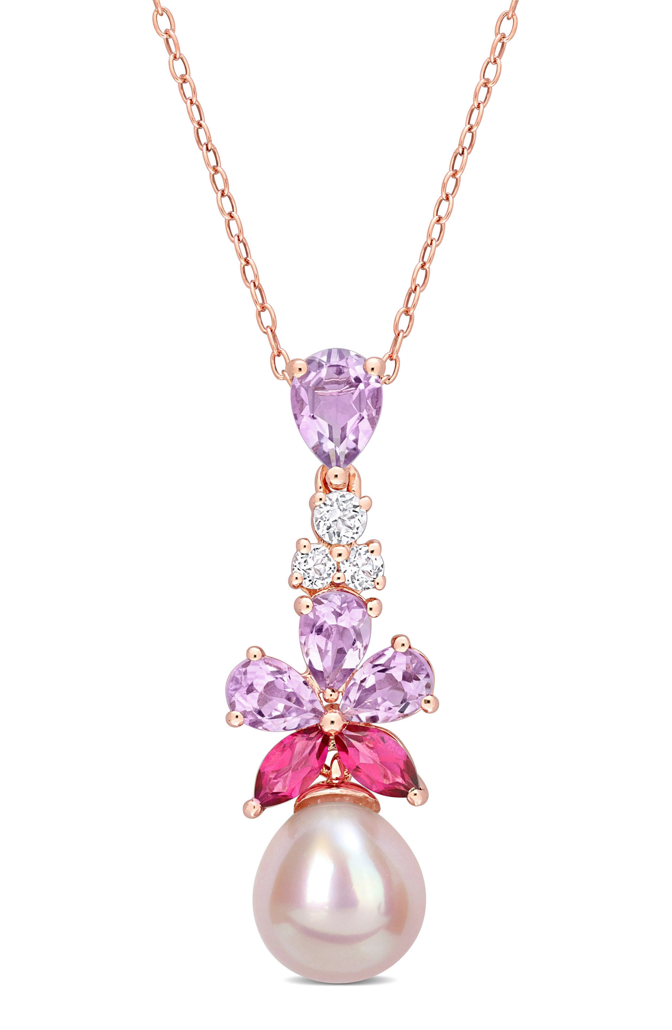 DELMAR Cultured Freshwater Pearl & Pink Stone Pendant Necklace