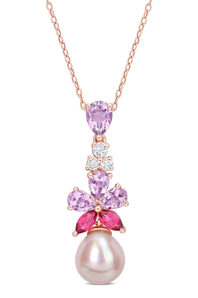 Cultured Freshwater Pearl & Pink Stone Pendant Necklace, Main, color, PINK MULTI