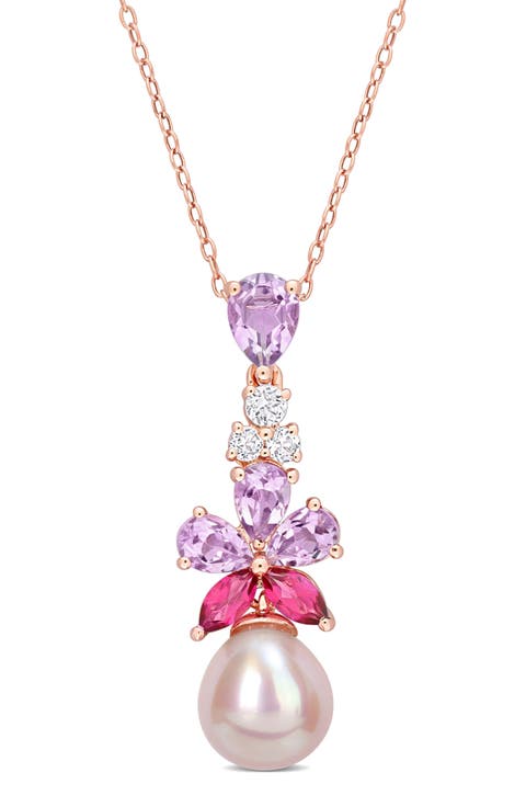 Cultured Freshwater Pearl & Pink Stone Pendant Necklace