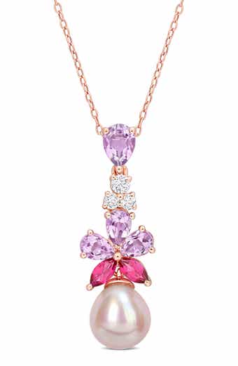 Cultured Freshwater Pearl & Pink Stone Pendant Necklace