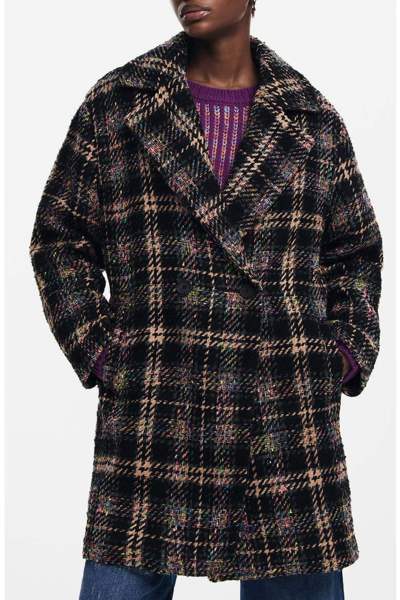 Corcega Double Breasted Plaid Coat, Main, color, BLACK