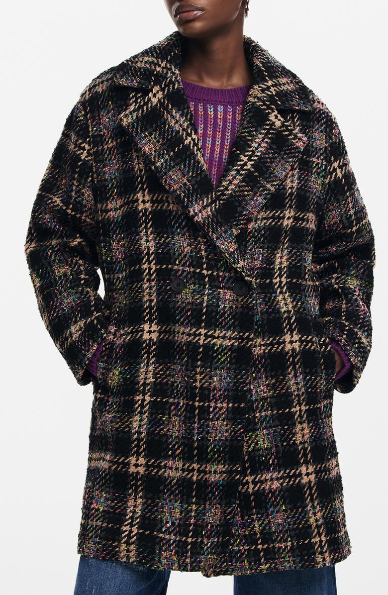 Desigual Corcega Double Breasted Plaid Coat, Main, color, 