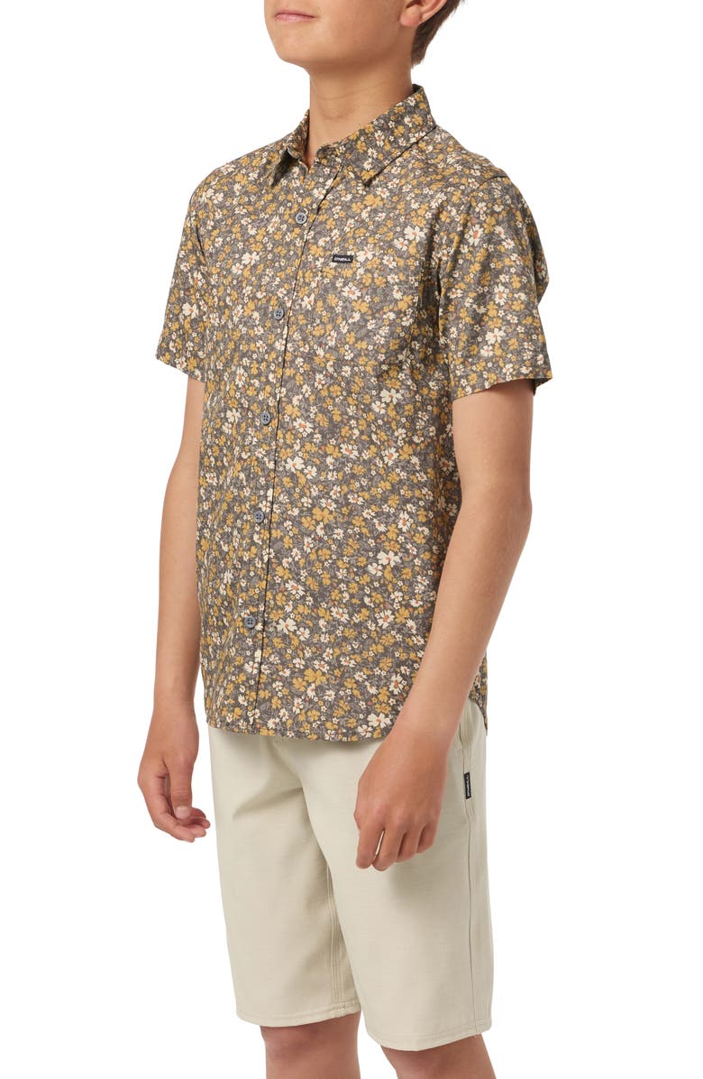 O'Neill Kids' Terrance Print Short Sleeve Cotton Button-Up Shirt, Alternate, color, Graphite