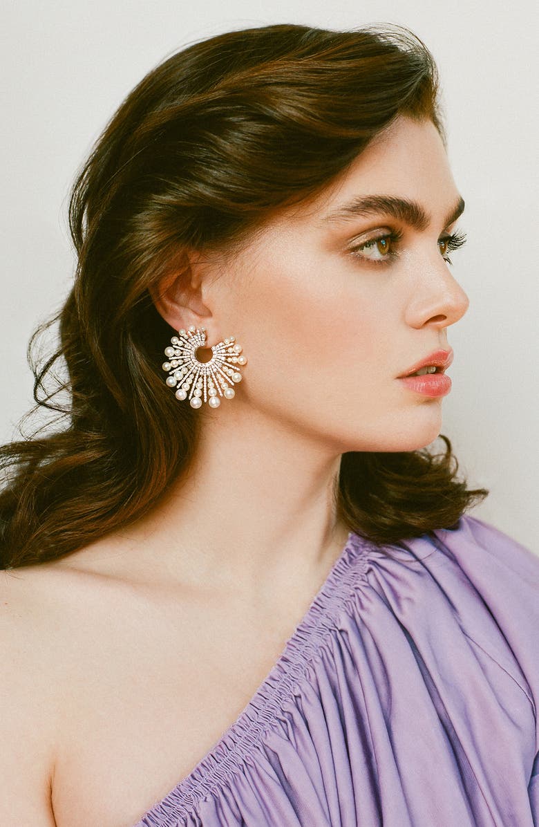 Mindi Mond Akoya Pearl & Diamond Spoke Earrings, Alternate, color, Pearl/ 18K Wg