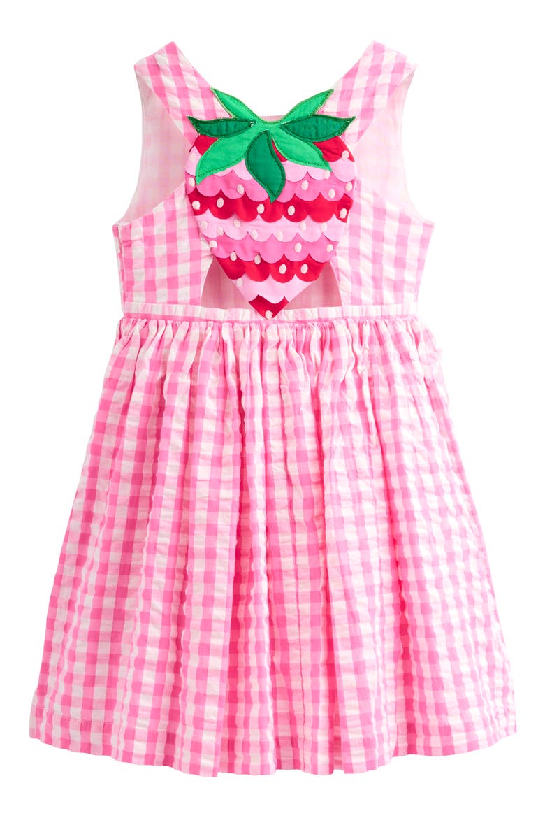 Kids' Zadie Back Appliqué Cotton Seersucker Sundress, Alternate, color, PINK GINGHAM STRAWBERRY