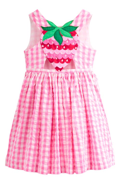 Mini Boden Kids' Zadie Back Appliqué Cotton Seersucker Sundress In Pink Gingham Strawberry