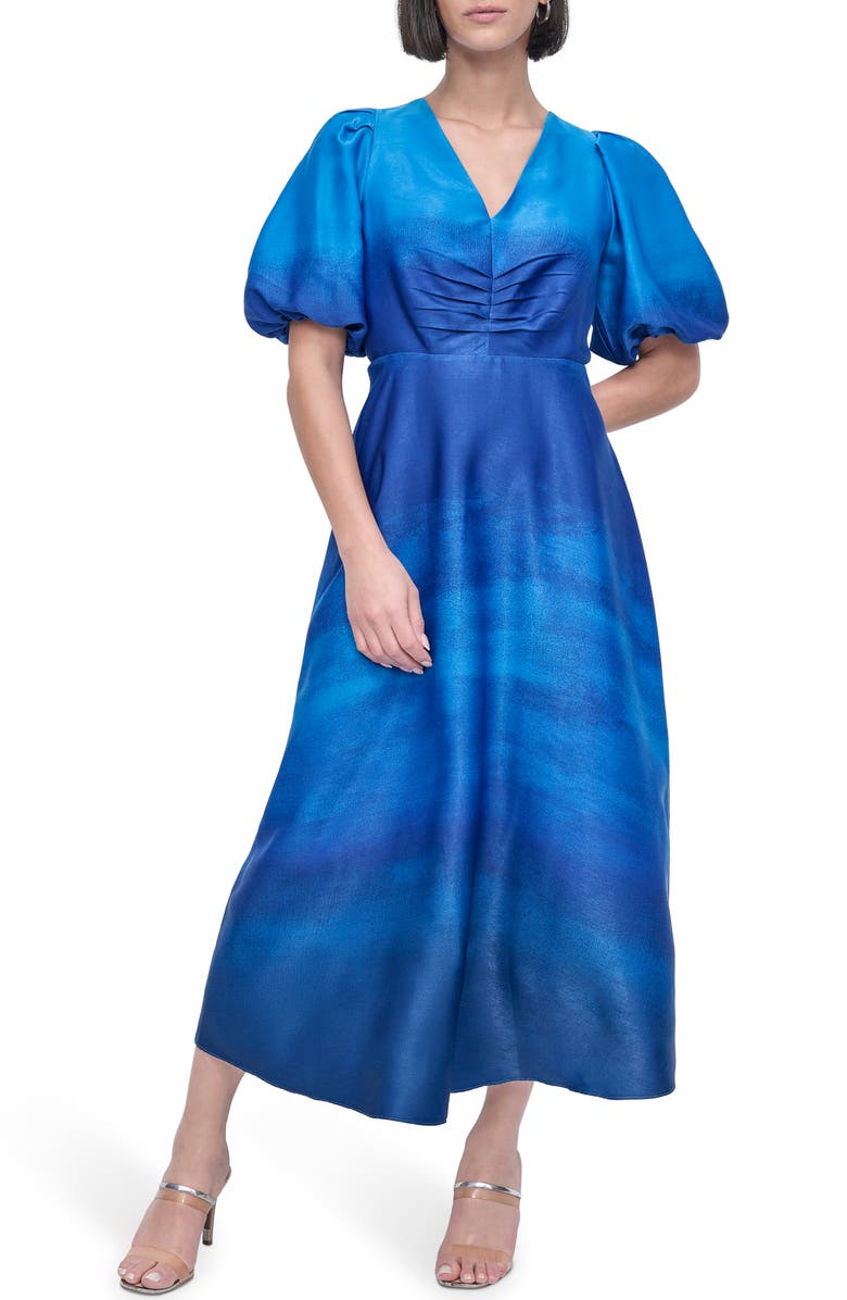 DKNY Ruched Printed Satin Midi Dress, Main, color, Cornflower Ombre Border