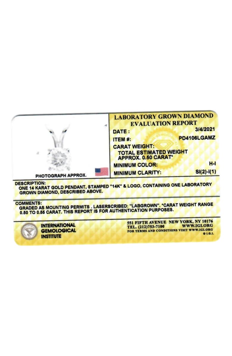 Bliss Diamond 1/2 Ct Solitaire Lab Grown Certified Diamond Pendant 14K Gold Necklace, Alternate, color, 