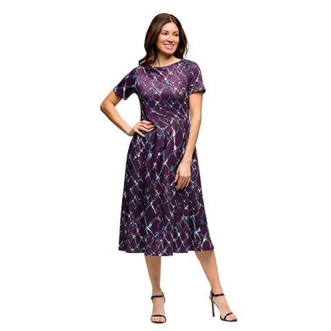 Maternity Purple Print Short Sleeve Pleated Flare Midi Pocket Dress