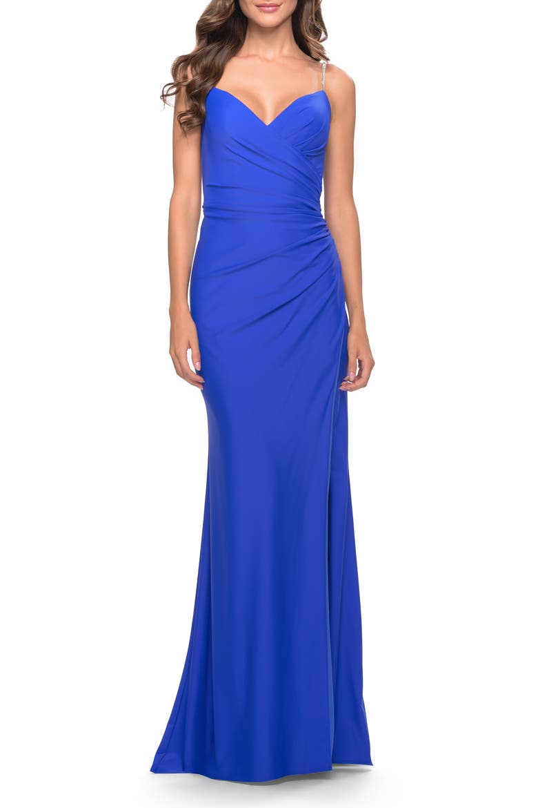Long Ruched Jersey Gown with V-Neckline, Main, color, Royal Blue