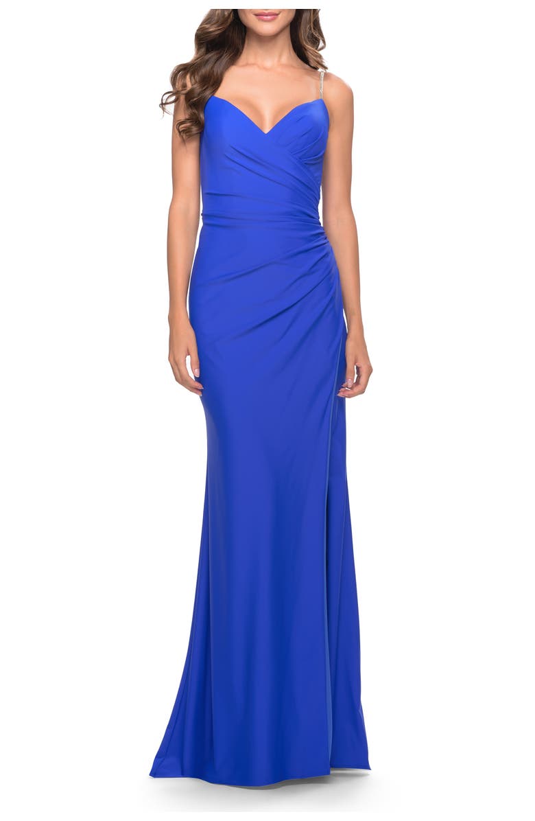 La Femme Long Ruched Jersey Gown with V-Neckline, Main, color, Royal Blue