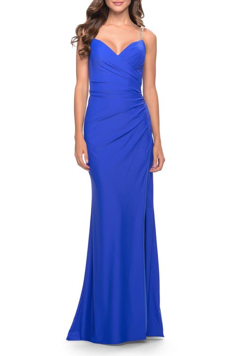 Long Ruched Jersey Gown with V-Neckline