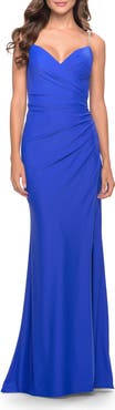 La Femme Long Ruched Jersey Gown with V-Neckline