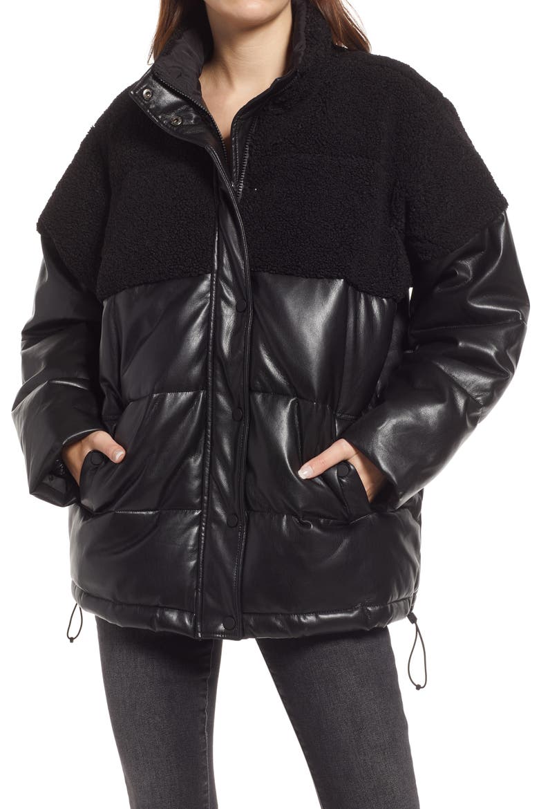 Faux Shearling Puffer Jacket, Alternate, color, BLACK001