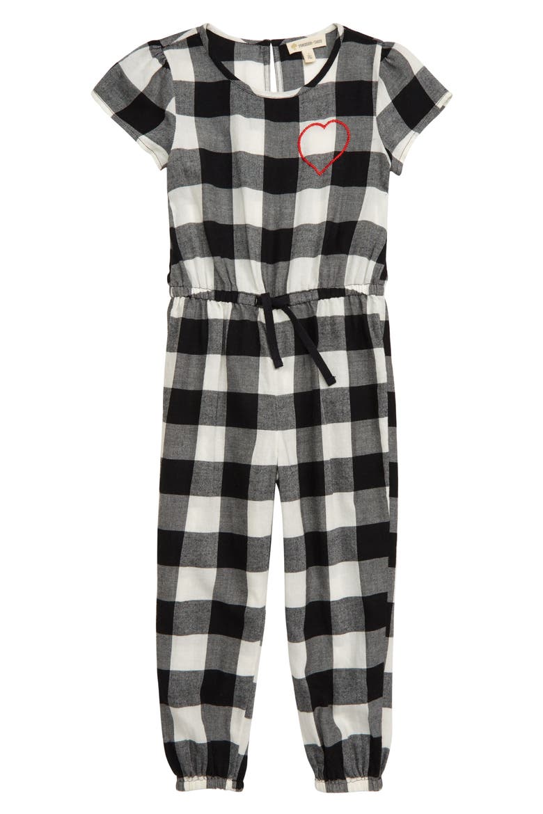 Embroidered Plaid Romper, Main, color, IVORY EGRET- BLACK CHECK