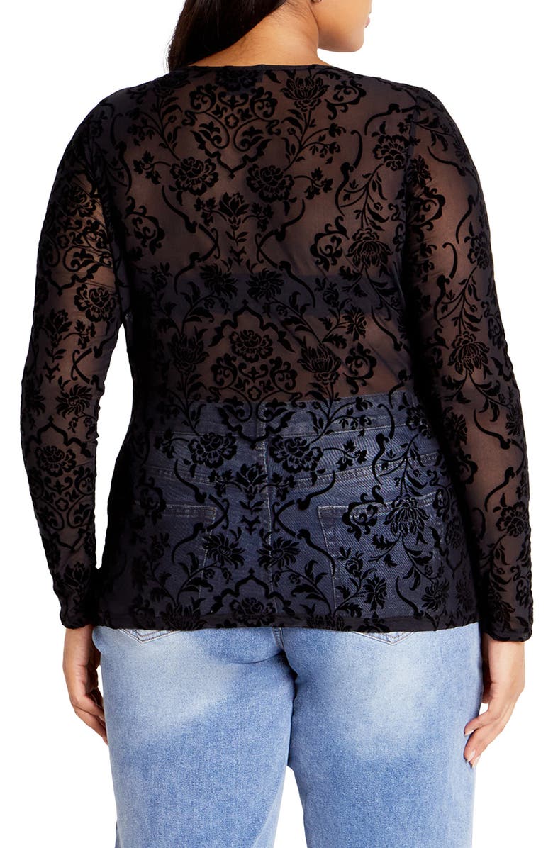 City Chic Sienna Velvet Floral Mesh Long Sleeve Top, Alternate, color, 