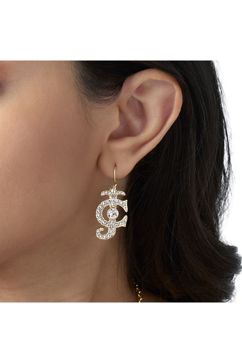 Rhinestone Logo Drop Earrings for Women, Gold-Tone, Alternate, color, Gold-Tone