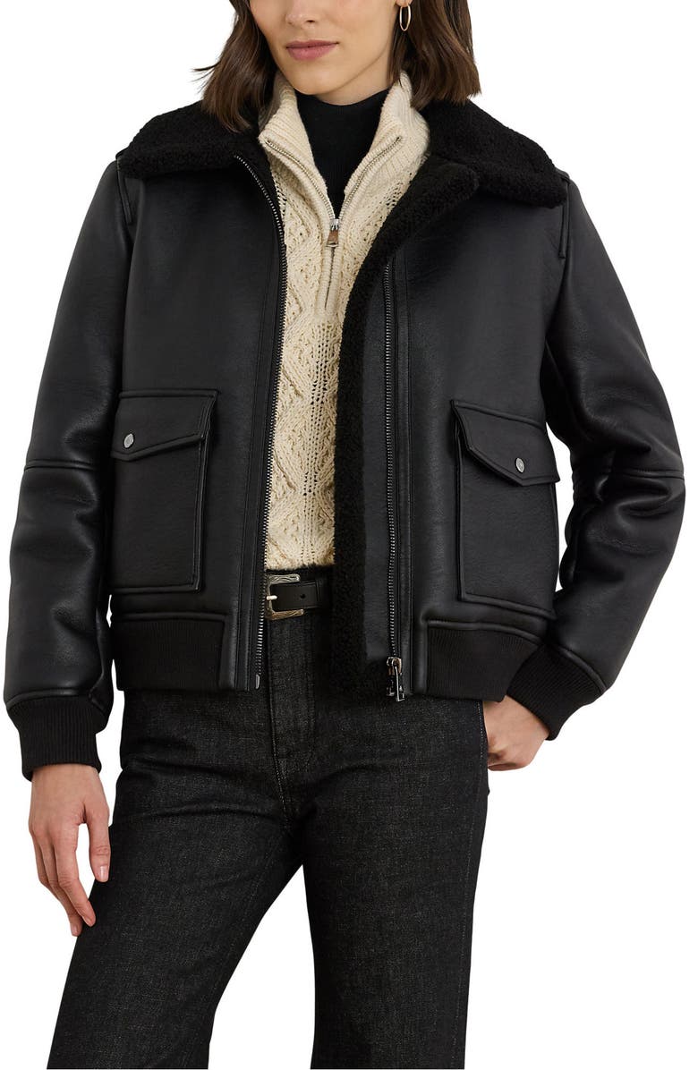 Lauren Ralph Lauren Faux Shearling Bomber Jacket, Main, color, Black