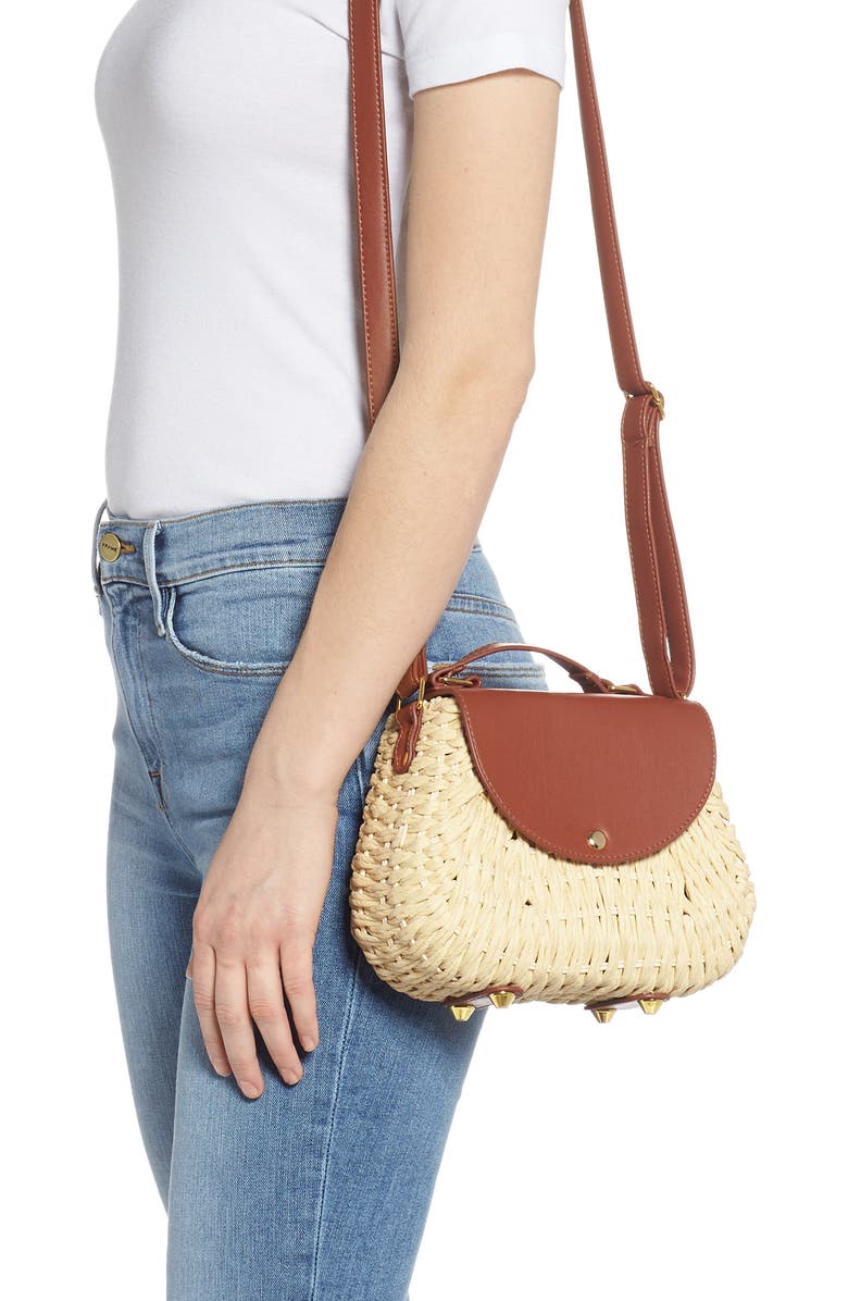 La Double 7 Faux Leather Trim Straw Saddle Bag, Alternate, color,