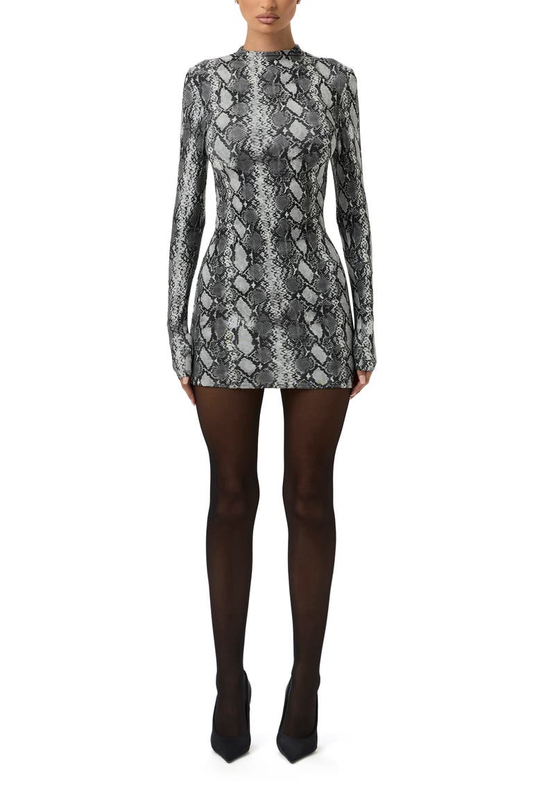 Print Long Sleeve Body-Con Minidress, Alternate, color, GREY SNAKESKIN
