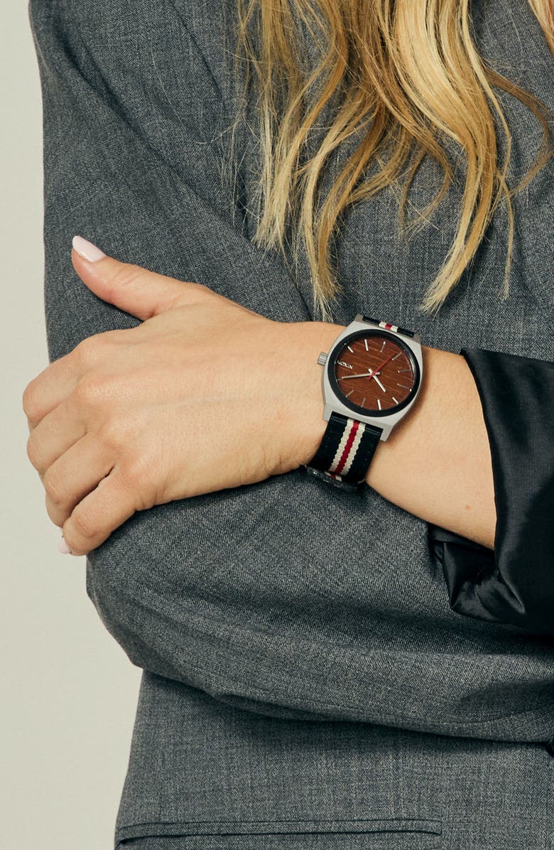 Nixon Time Teller Leather Strap Watch, 37mm, Alternate, color, Silver/ Rosewood/ Black Stripe