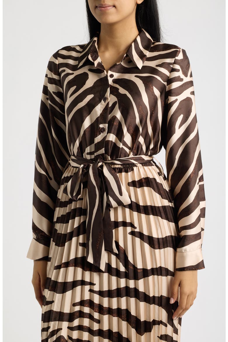 Zebra Print Long Sleeve Pleated Maxi Shirtdress, Alternate, color, BROWN