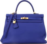 Pre-Owned Hermes Kelly Handbag Blue Togo with Gold Hardware 35